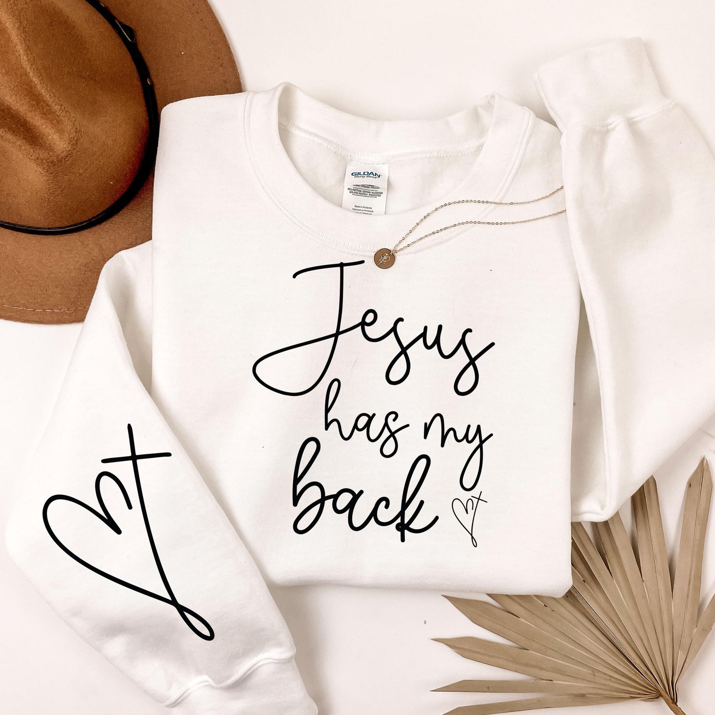 Jesus Has My Back Crewneck Sweatshirt — Christian Faith Pink Pullover