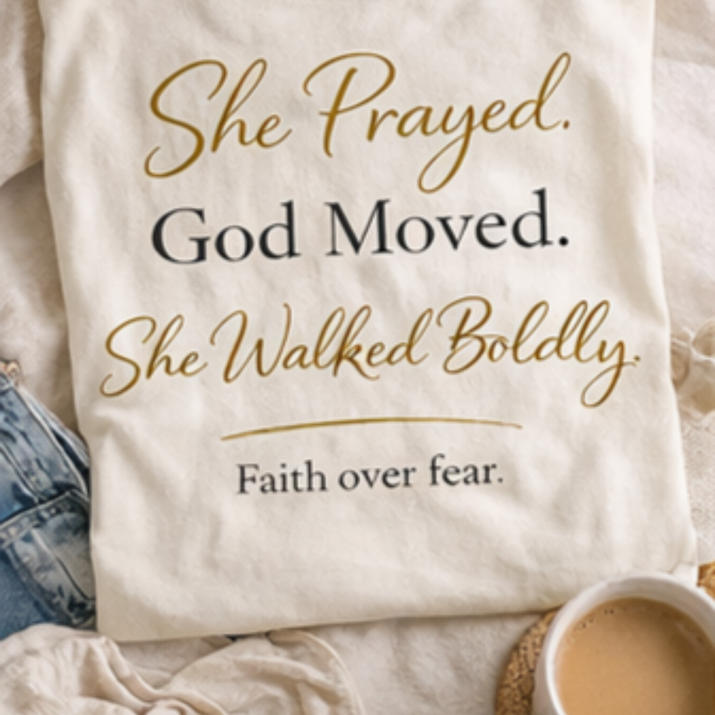 Beige towel with motivational quote 'She Prayed, God Moved, She Walked Boldly, Faith over fear.' on a soft beige background.