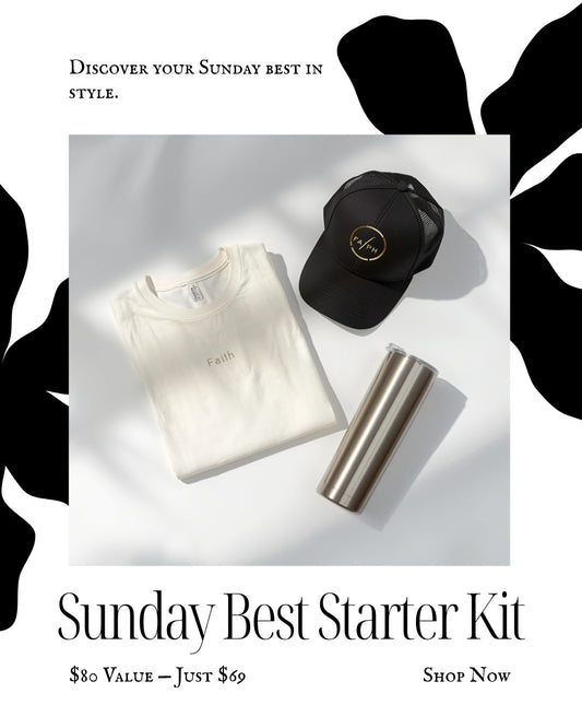 Sunday Best Starter Kit — faith tee, custom trucker hat, and 20oz tumbler gift bundle