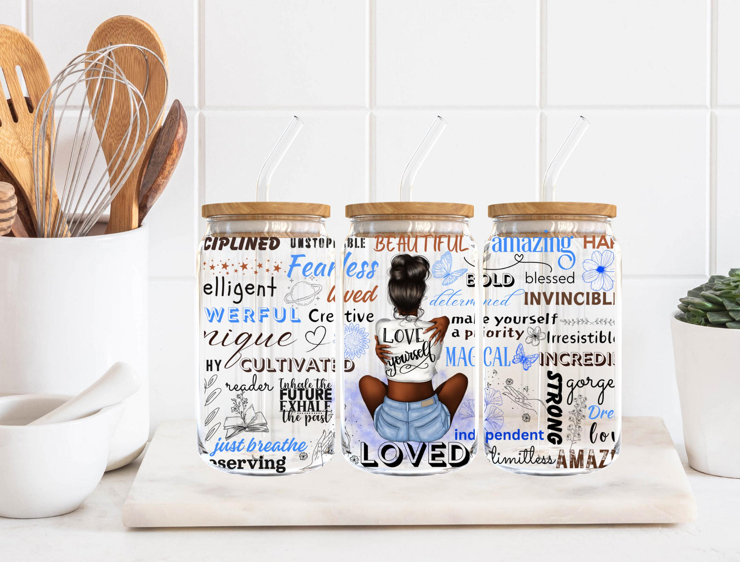 Melanin Affirmation Sipper Glass: Self Love Gift, 16oz