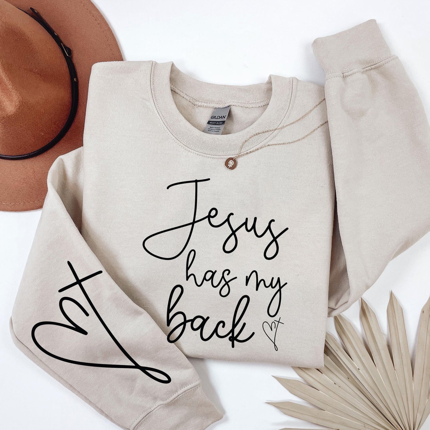 Jesus Has My Back Crewneck Sweatshirt — Christian Faith Pink Pullover
