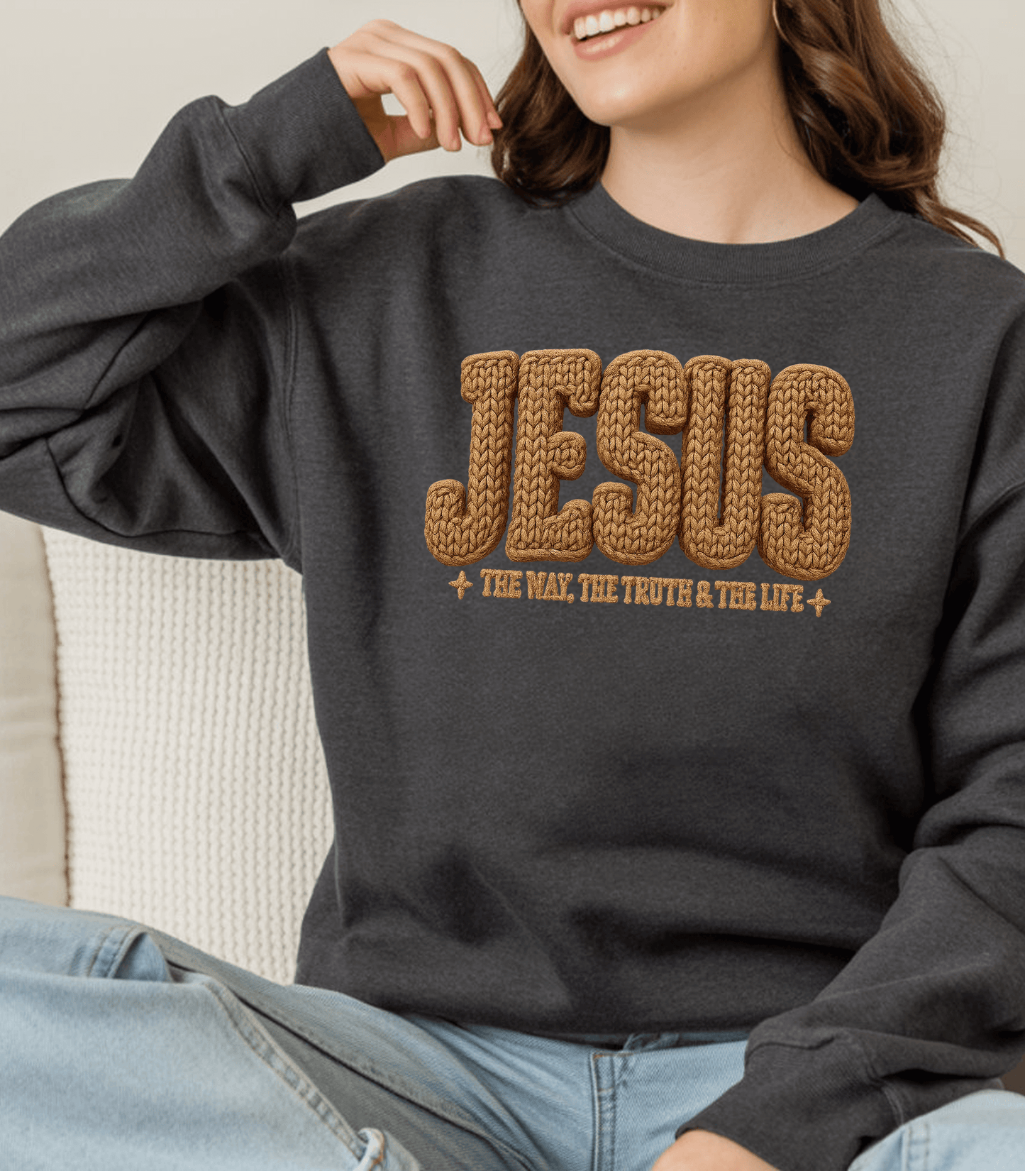 Yarn Faux Jesus The Way The Truth The Life T-Shirt | Christian Faith Knit Texture Tee | Inspirational Bible Verse Apparel Gift
