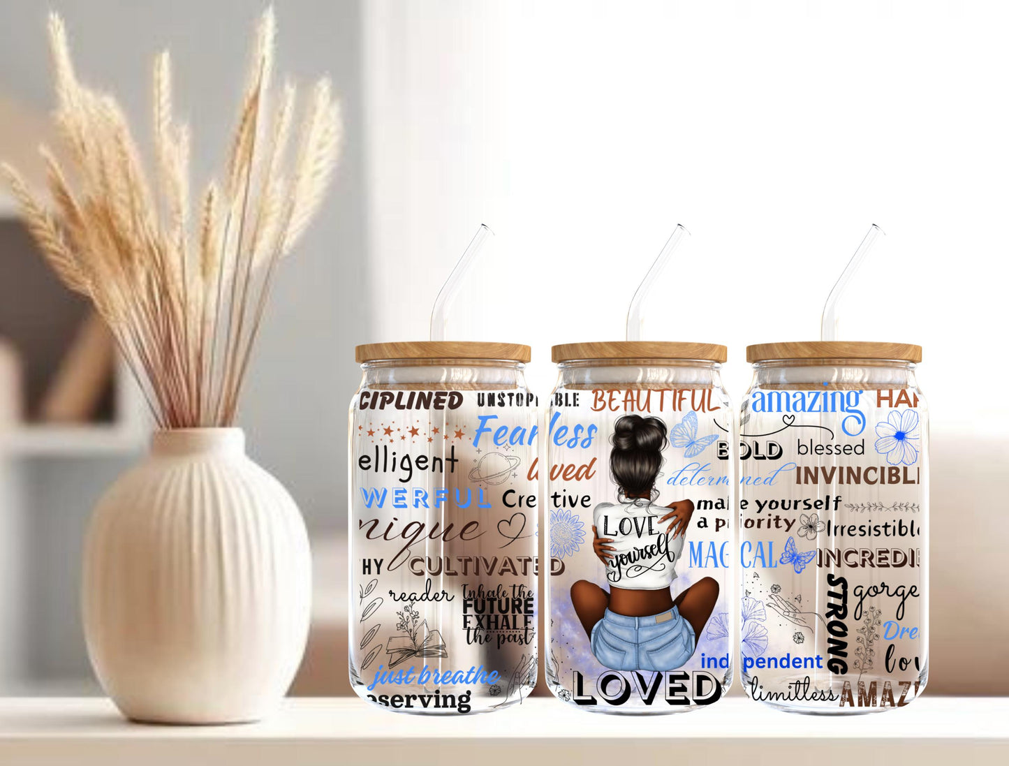 Melanin Affirmation Sipper Glass: Self Love Gift, 16oz